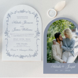 Klassiek Stof Blauw Bloem Boho Chic Gebogen Trouwf Kaart