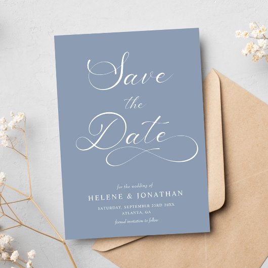 Klassiek Stof Blauw Minimalistisch Elegant Trouwen Save The Date