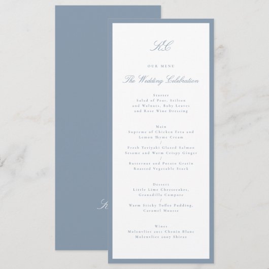 Klassiek Stofblauw Bruiloft Menu (Voorkant / Achterkant)