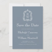 Klassiek Stofblauw Monogram Wapenschild Script Save The Date (Voorkant)