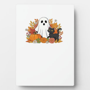 Klassiek T-shirt met cute spook en zwarte kat Fotoplaat