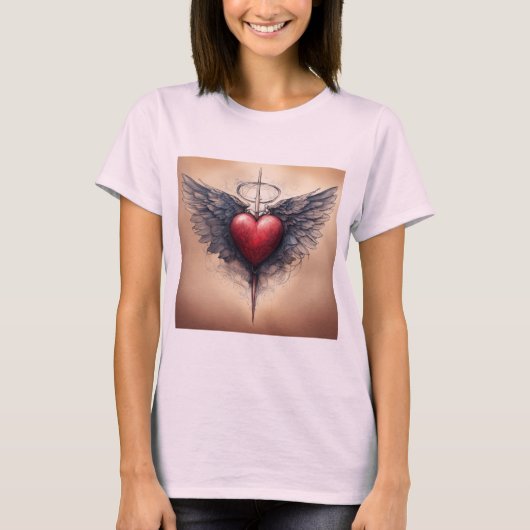 Klassiek Tattoo-geïnspireerd Cupid Heart T-shirt (Voorkant)