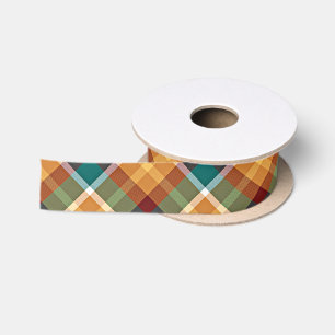 Klassiek Teal Blauw Groen Oranje Tartan Patroon Satijnen Lint