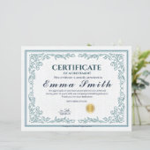 Klassiek Teal Sierlijk Certificaat van Prestatie (Staand voorkant)