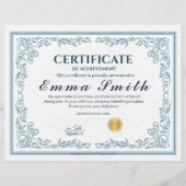 Klassiek Teal Sierlijk Certificaat van Prestatie (Voorkant)