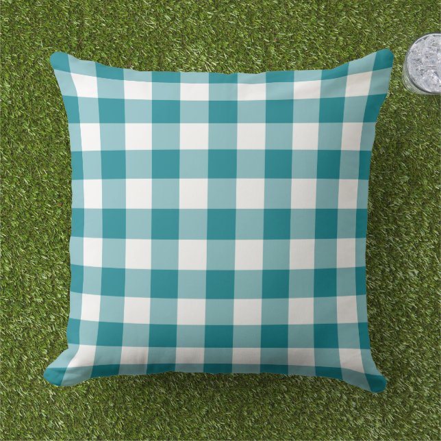 Klassiek Teal Witte Gingham Plaid Rut Buitenkussen (Gras)