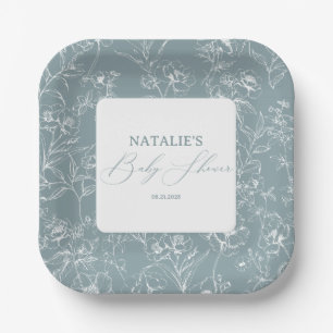Klassiek tijdloze bloemmotief blauwe babyshower papieren bordje