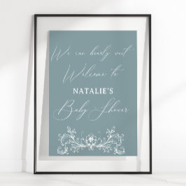 Klassiek tijdloze bloemmotief blauwe babyshower poster
