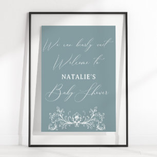 Klassiek tijdloze bloemmotief blauwe babyshower poster