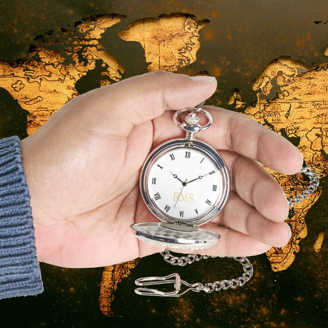 Klassiek Tijdstuk Gouden Monogram Zilveren Pocket Horloge (Classic Timepiece Gold Monogram Silver Pocket Watch)