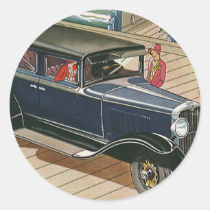 Klassiek transport, auto op de steiger bij de ocea ronde sticker