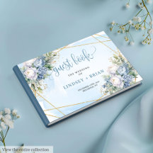 Klassiek trouwgastenboek met blauwe bloemen en wit