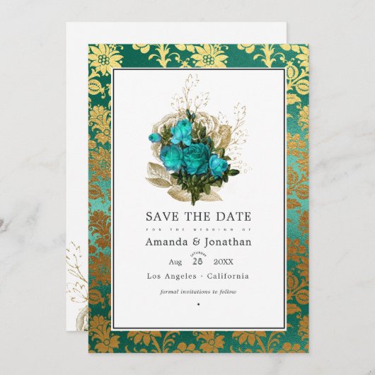 Klassiek Turkoois - Turquoise en Gouden Bloem Brui Save The Date (Voorkant / Achterkant)