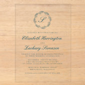 Klassiek Turquoise Blauw Monogram Krans Script Bru Acryl Uitnodigingen (Voorkant)
