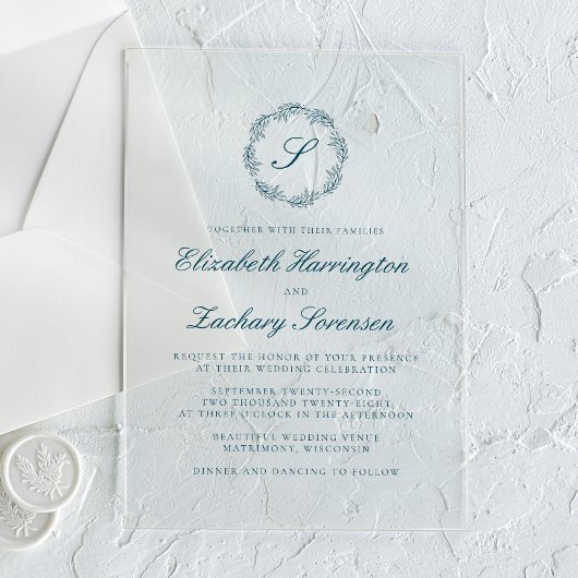 Klassiek Turquoise Blauw Monogram Krans Script Bru Acryl Uitnodigingen