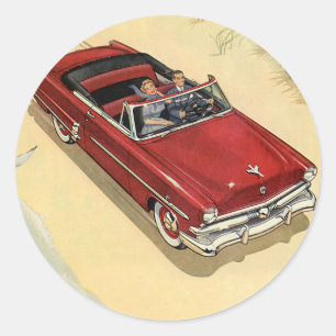 Klassiek Vervoer, Rode Cabriolet Strand Ronde Sticker