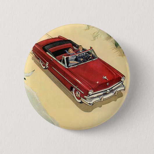 Klassiek Vervoer, Rode Open Auto Strand Ronde Button 5,7 Cm (Voorkant)