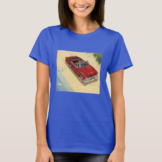 Klassiek Vervoer, Rode Open Auto Strand T-shirt (Voorkant)