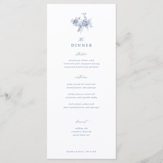 Klassiek Victoriaans Blauw Bloemen Trouwdiner Menu (Voorkant)