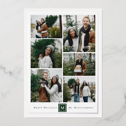 Klassiek vierkant monogram minimalistisch 6 fotoco folie feestdagenkaart (Voorkant)