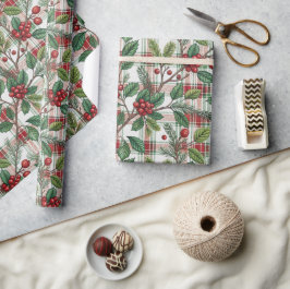 Klassiek Vintage Kerstmis Plaid & Hulst Patroon Cadeaupapier