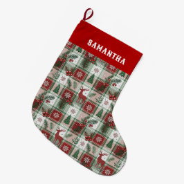Klassiek Vintage Kerstmis Plaid & Hulst Patroon Grote Kerstsok