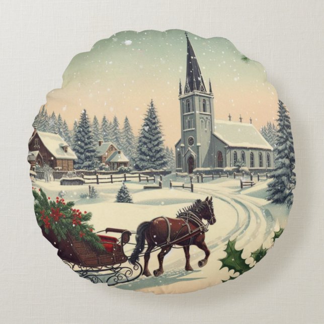 Klassiek/vintage kerstscène rond kussen (Voorkant)