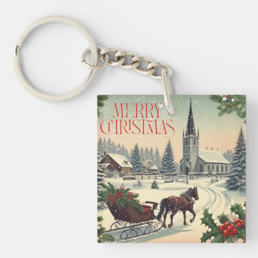 Klassiek/vintage kerstscène sleutelhanger (voorkant)