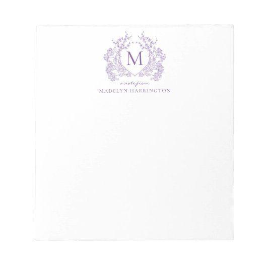 Klassiek  Violet Floral Crest Monogram Notitieblok (Voorkant)