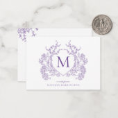 Klassiek Violet Floral Crest Monogram Notitiekaartje (Voorkant / Achterkant in situ)