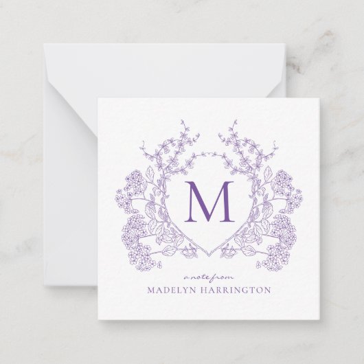 Klassiek Violet Floral Crest Monogram Notitiekaartje (Voorkant)