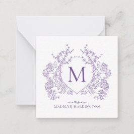 Klassiek Violet Floral Crest Monogram Notitiekaartje