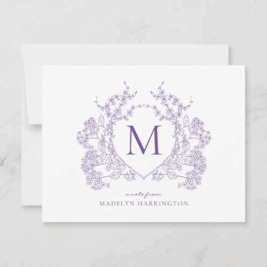 Klassiek  Violet Floral Crest Monogram Notitiekaartje (Voorkant)