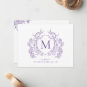 Klassiek  Violet Floral Crest Monogram Notitiekaartje (Voorkant / Achterkant in situ)