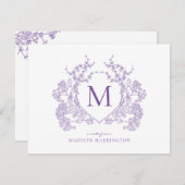 Klassiek  Violet Floral Crest Monogram Notitiekaartje (Voorkant / Achterkant)