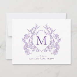 Klassiek  Violet Floral Crest Monogram Notitiekaartje