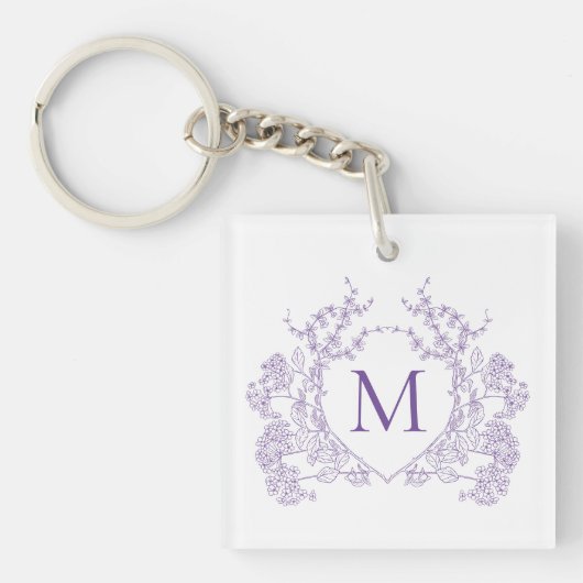 Klassiek  Violet Floral Crest Monogram Sleutelhanger (Voorkant)