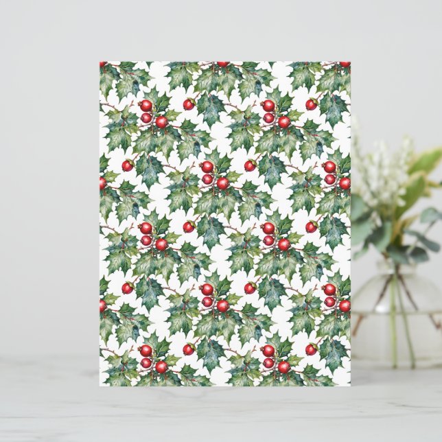 Klassiek Waterverf Hulst & Bessen Kerstpapier (Staand voorkant)
