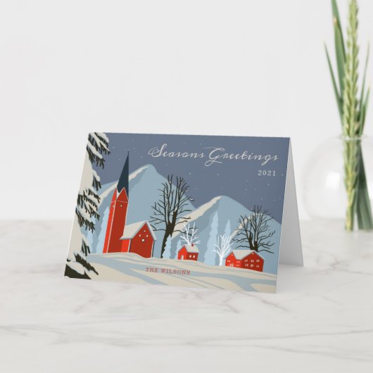 Klassiek winterdorp Ijsblauw en rood niet-foto Feestdagen Kaart (Voorkant)