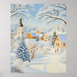 Klassiek winterdorp met besneeuwde kerk en bomen poster