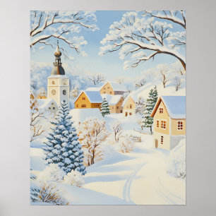 Klassiek winterdorp met besneeuwde kerk en bomen poster
