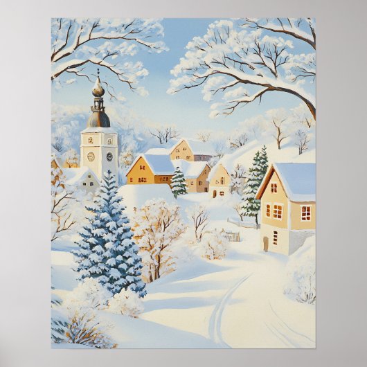 Klassiek winterdorp met besneeuwde kerk en bomen poster (Voorkant)