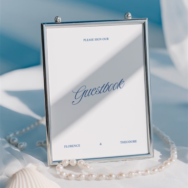 Klassiek wit & blauw script trouwgastboek bord (Classic White & Blue Script Wedding Guestbook Sign)