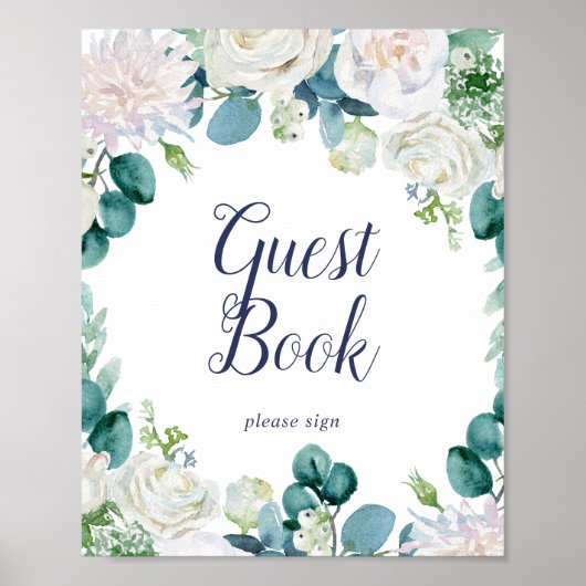 Klassiek Wit Bloemen Guestbook Bord Poster (Voorkant)