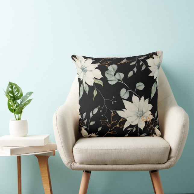 Klassiek wit bloemig botanisch op zwart kussen (Stoel)