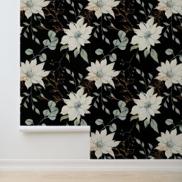 Klassiek wit bloemmotief op zwart behang