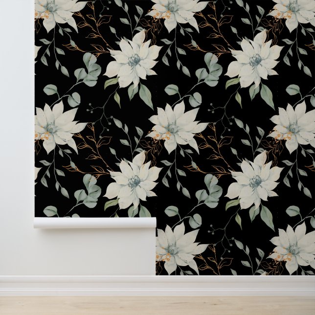 Klassiek wit bloemmotief op zwart behang (Applicatie)