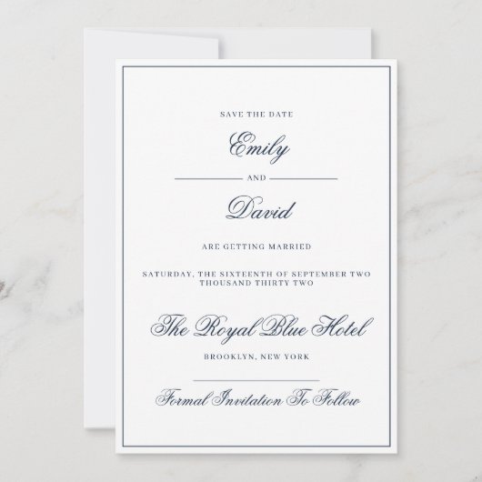 Klassiek wit en marine Elegante foto Save The Date (Voorkant)