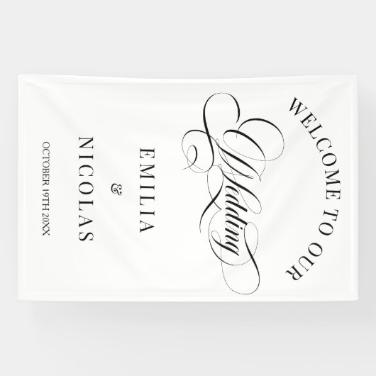 Klassiek Wit en Zwart Bruiloft Welkomstbord Spandoek (Horizontaal)