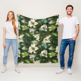 Klassiek wit lelie groen bloempatroon fleece deken
